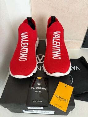 Mario Valentino Queenie Red Knit Logo Slip-On Sneakers 8.5